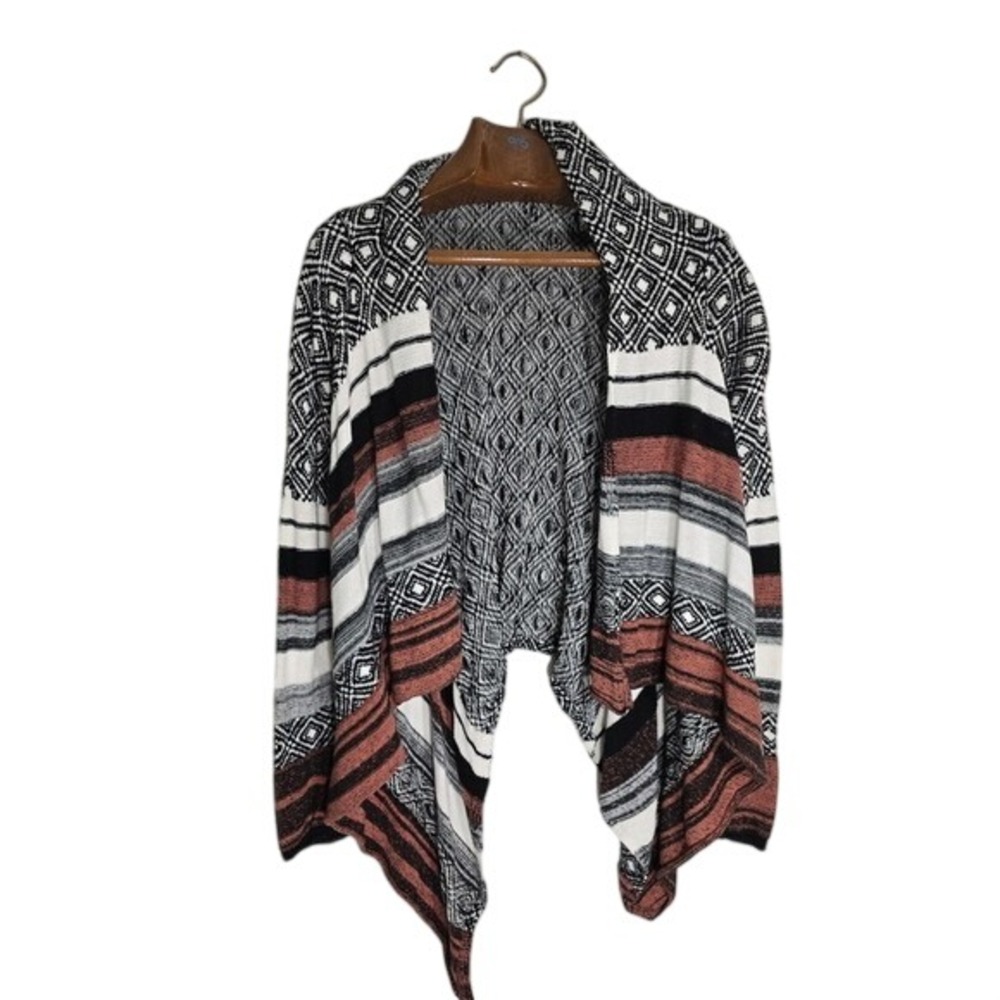 Geometric Striped Open Front Cardigan Black Terracotta Cotton Boho Azteck